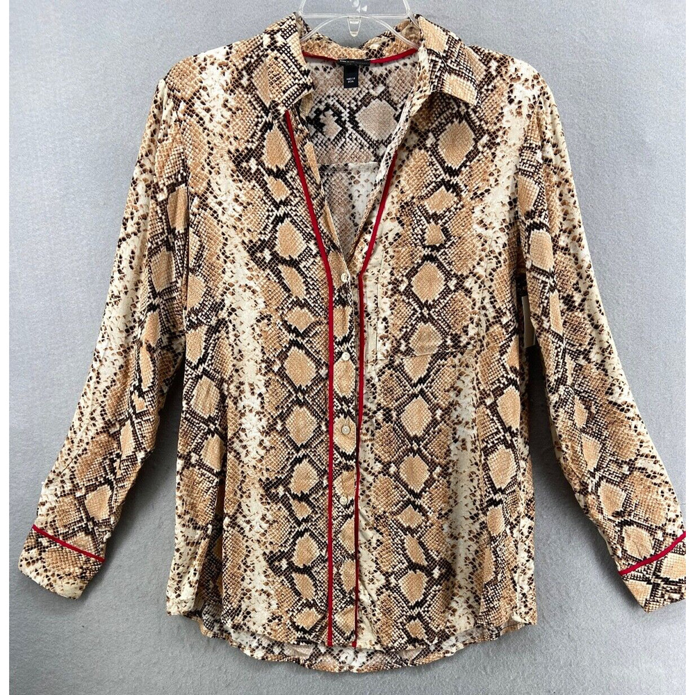 River Island Shirt Womens Sz 4 Button Up Brown Snake Long Sleeve Red Trim Blouse